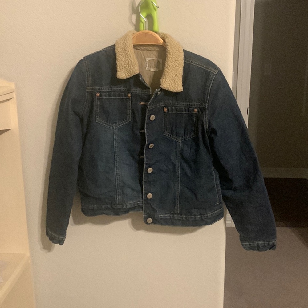 old navy denim fur trimmed fall/winter jacket coat girls size 12